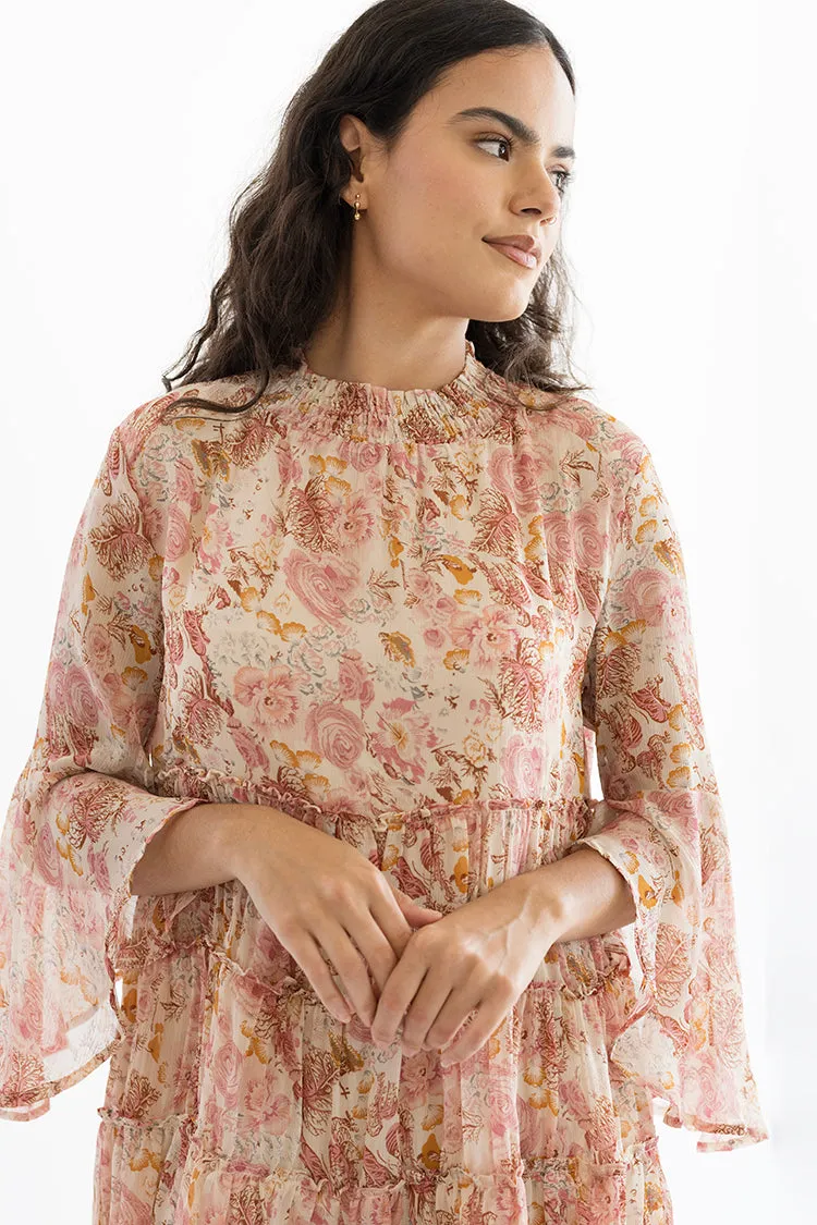 Pink Floral High-Neck Flowy Dress