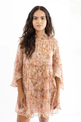 Pink Floral High-Neck Flowy Dress