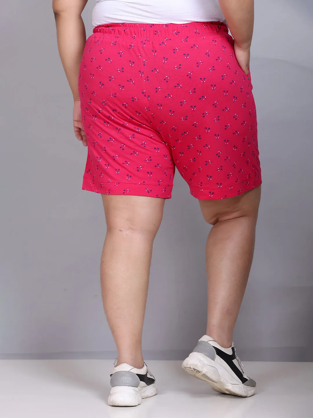 Plus Size Cotton Shorts For Women - Printed Bermuda - Pink