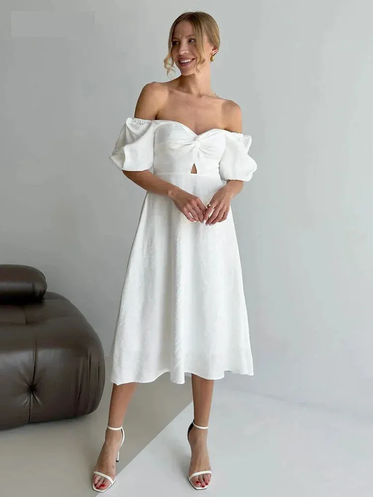 Romantic Off-Shoulder Midi Dress for Bridal Showers