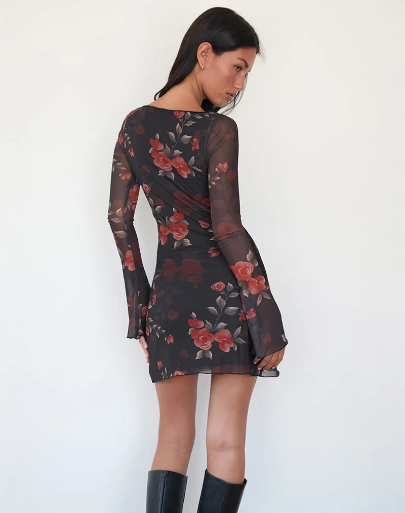 Sevila Long Sleeve Mini Dress in Black Watercolour Rose