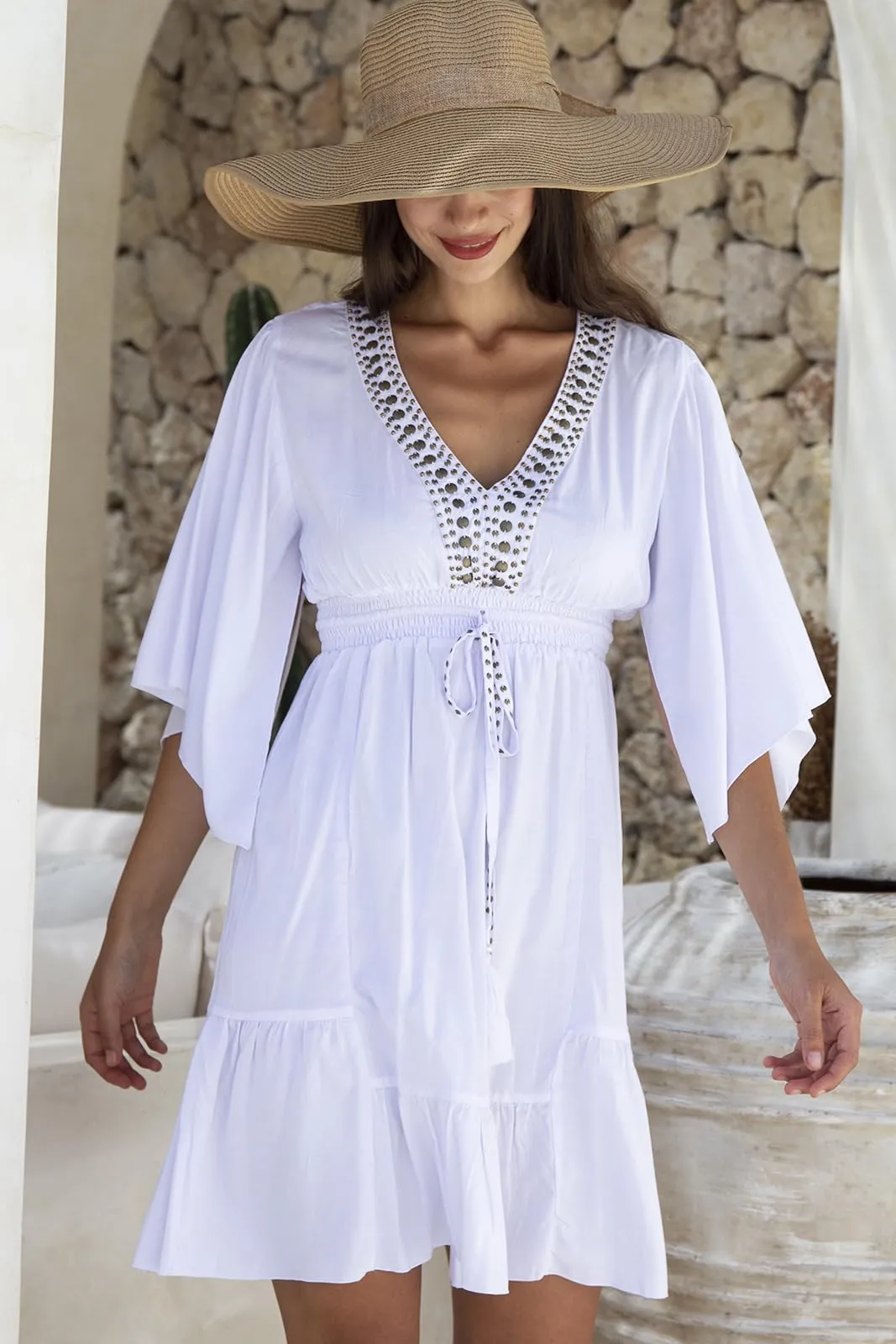 Short Beaded Deep V Neck Sundress