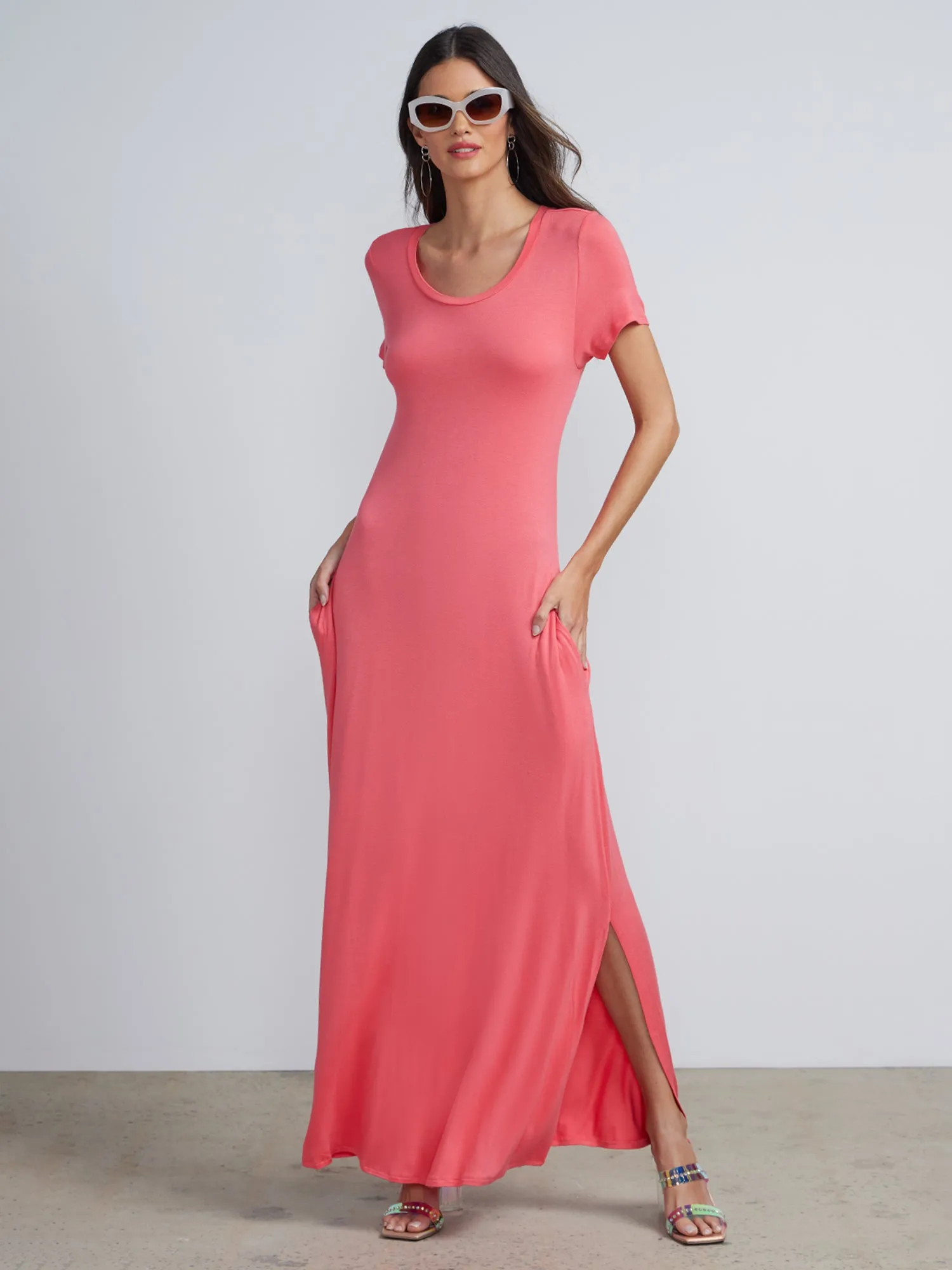 Short Sleeve Side Slit T-shirt Maxi Dress