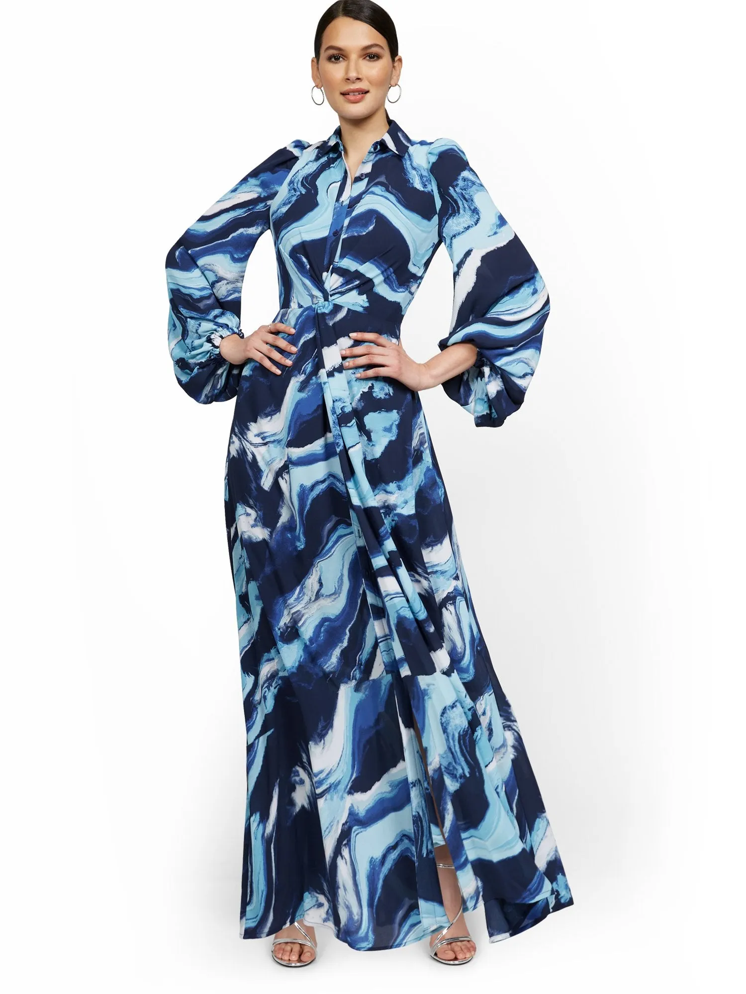 Statement-Sleeve Twist-Front Maxi Shirtdress