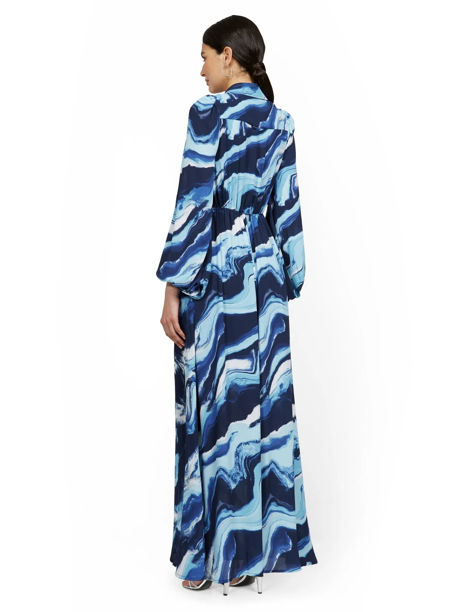 Statement-Sleeve Twist-Front Maxi Shirtdress