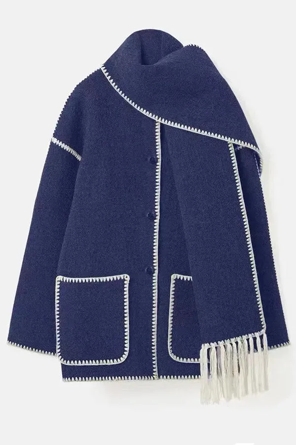 Stylish Loose Pocket Long Sleeve Coat and Warm Fringed Scarf