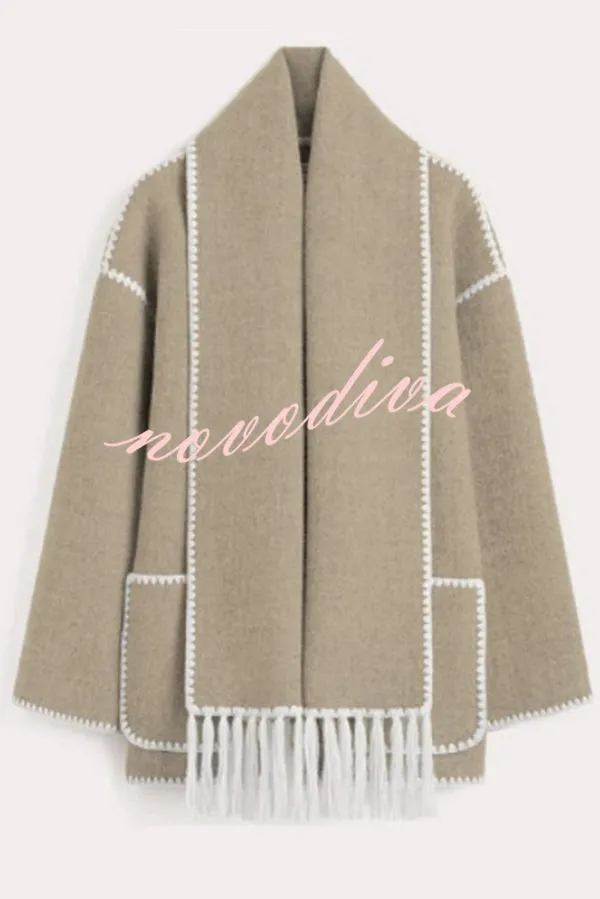 Stylish Loose Pocket Long Sleeve Coat and Warm Fringed Scarf