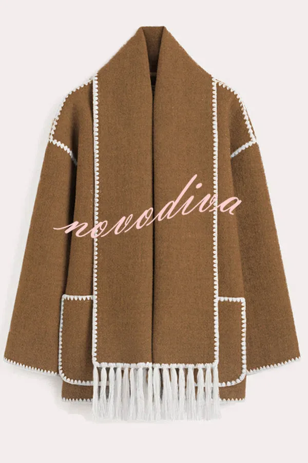 Stylish Loose Pocket Long Sleeve Coat and Warm Fringed Scarf