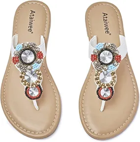 Summer Beaded Embellished Vegan White Casual Flat Sandals