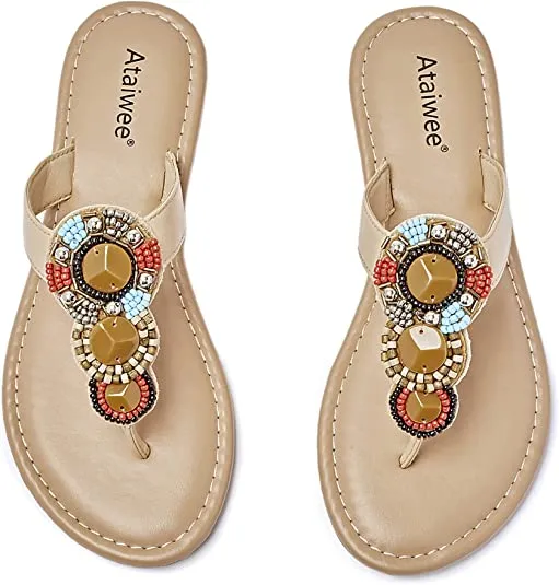 Summer Beaded Embellished Vegan White Casual Flat Sandals