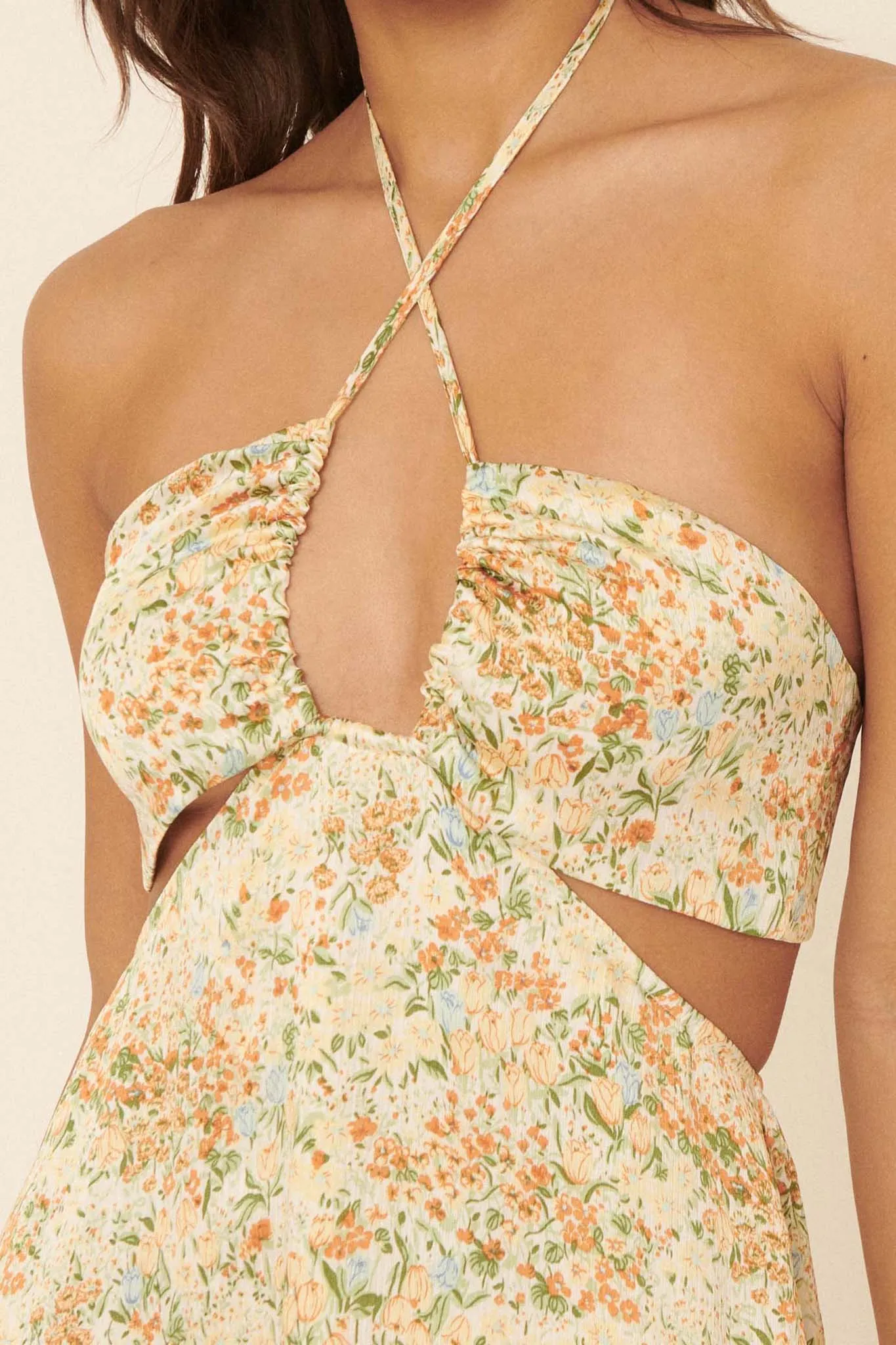 Sunlit Kiss Floral-Print Cutout Halter Mini Sundress