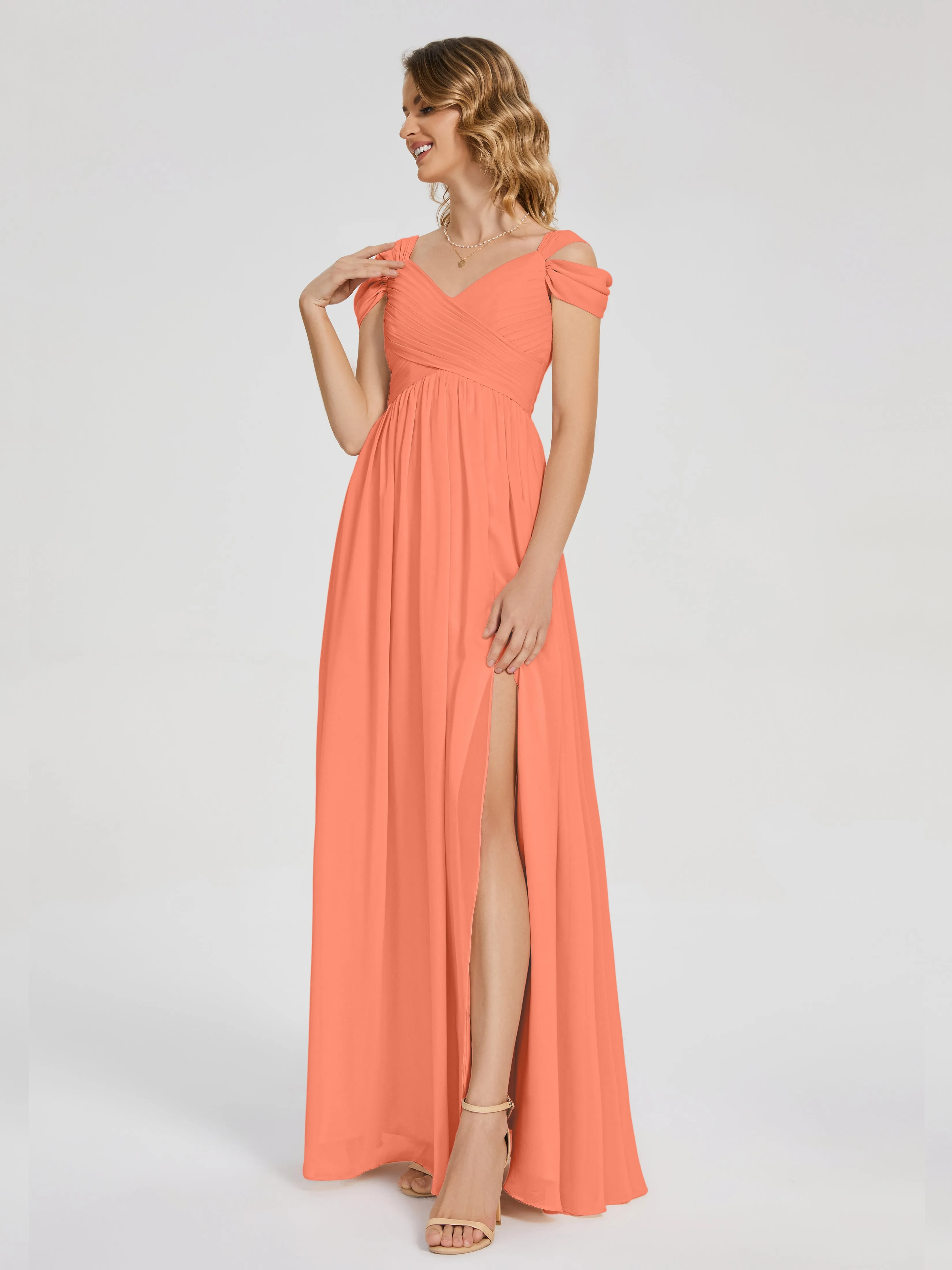 Sunset Orange Bridesmaids Dresses Charlee Flowy Split Chiffon Bridesmaid Dresses