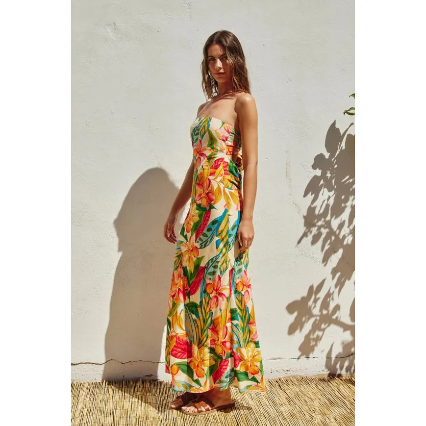 Super Bloom Strapless Tie Back Maxi Dress