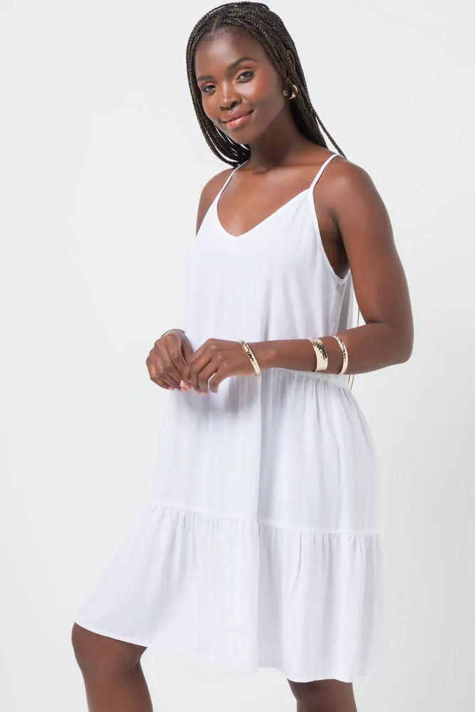 Tiered Strappy Dress White