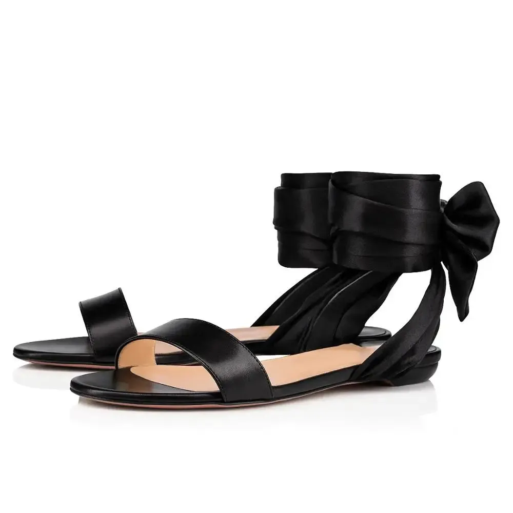 Trend4us Women's Elegant Satin Bow Ankle Wrap Flat Sandals