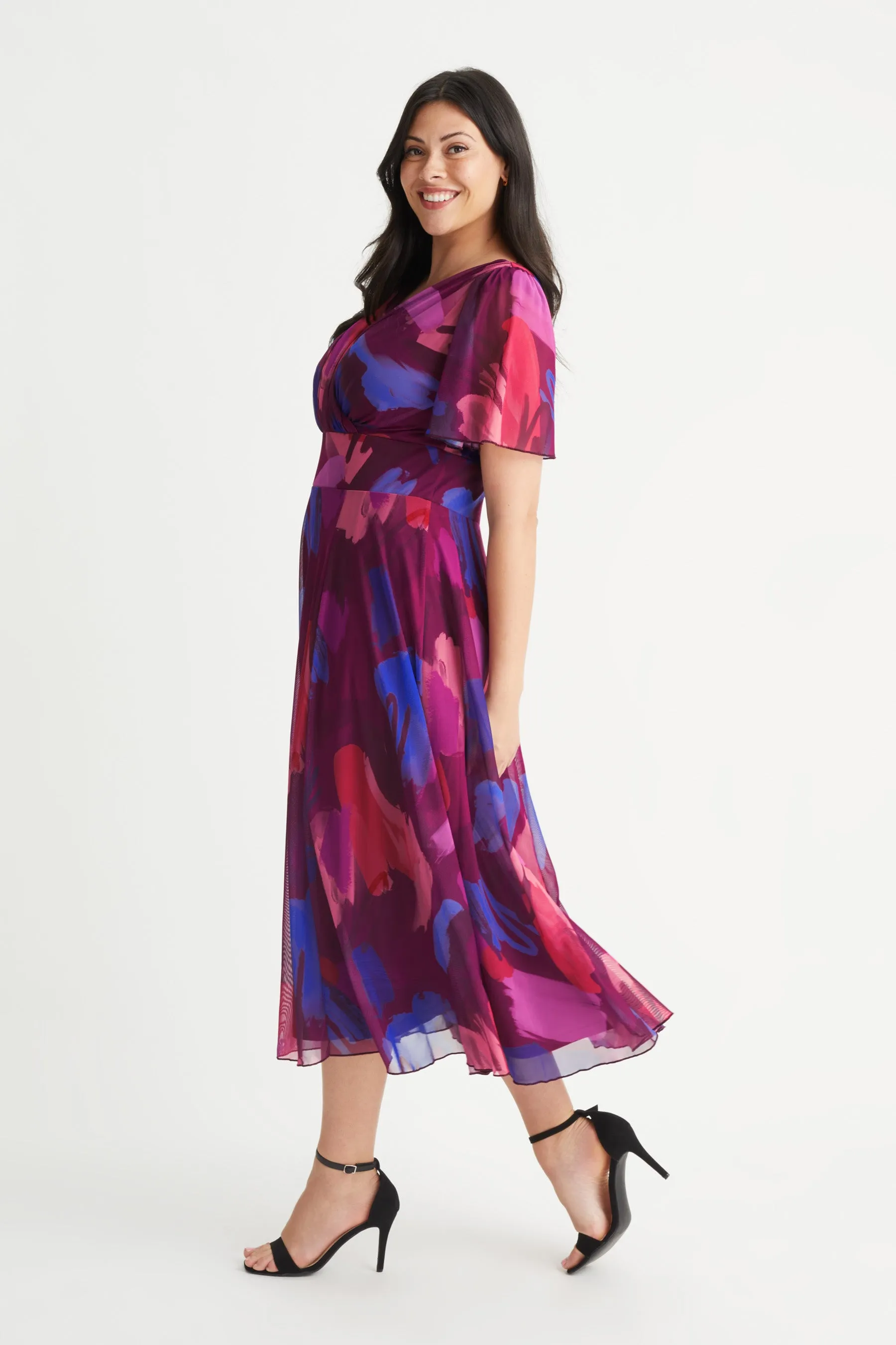 Victoria Magenta Splash Angel Sleeve Mesh Long Midi Dress