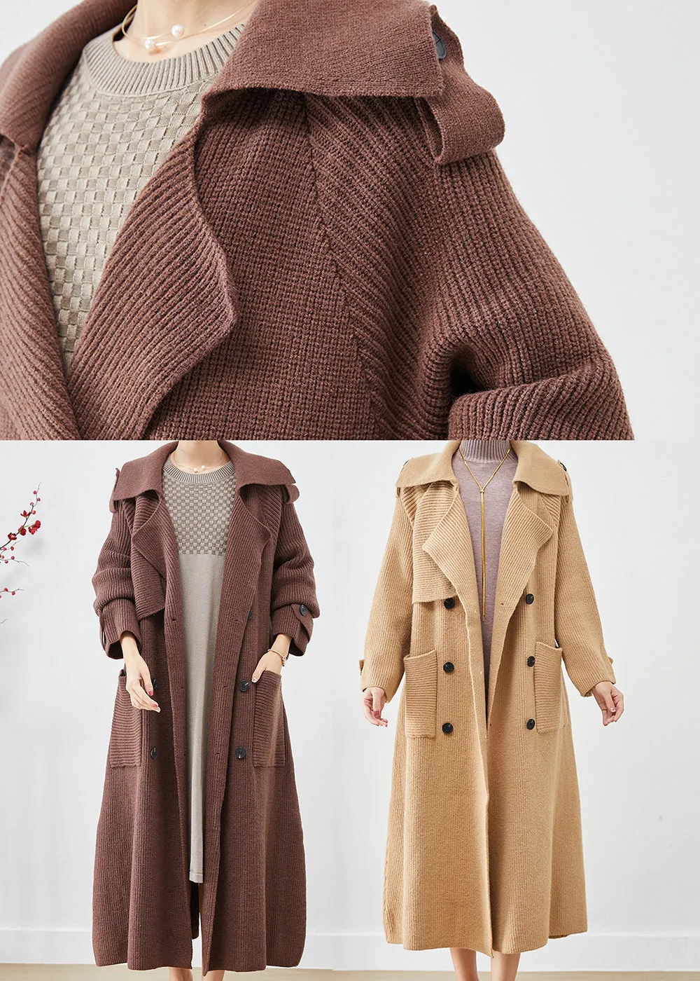 Vintage Khaki Double Breast Pockets Knit Trench Coats Fall