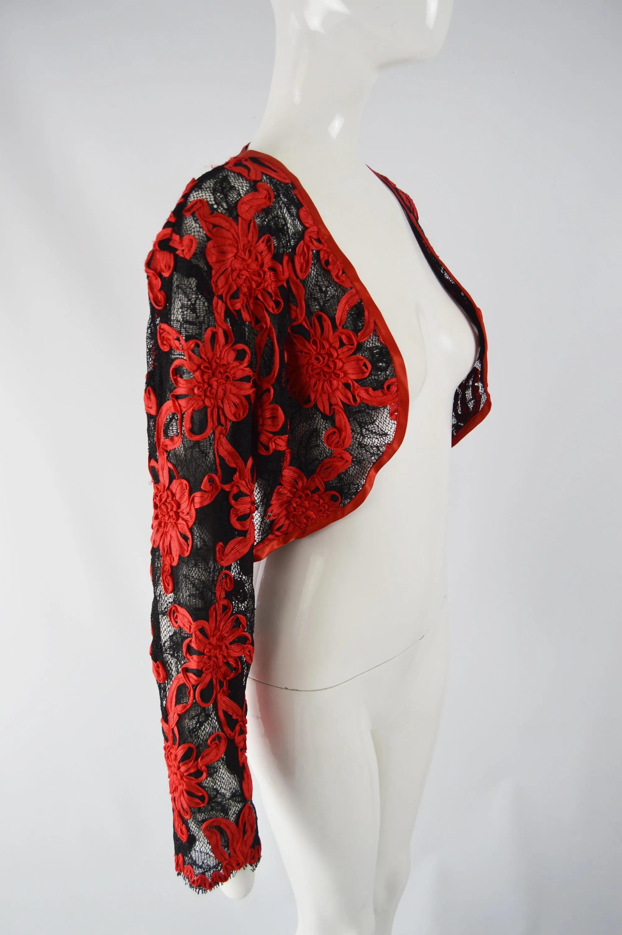 Vintage Red & Black Ribbonwork Lace Jacket, 1980s