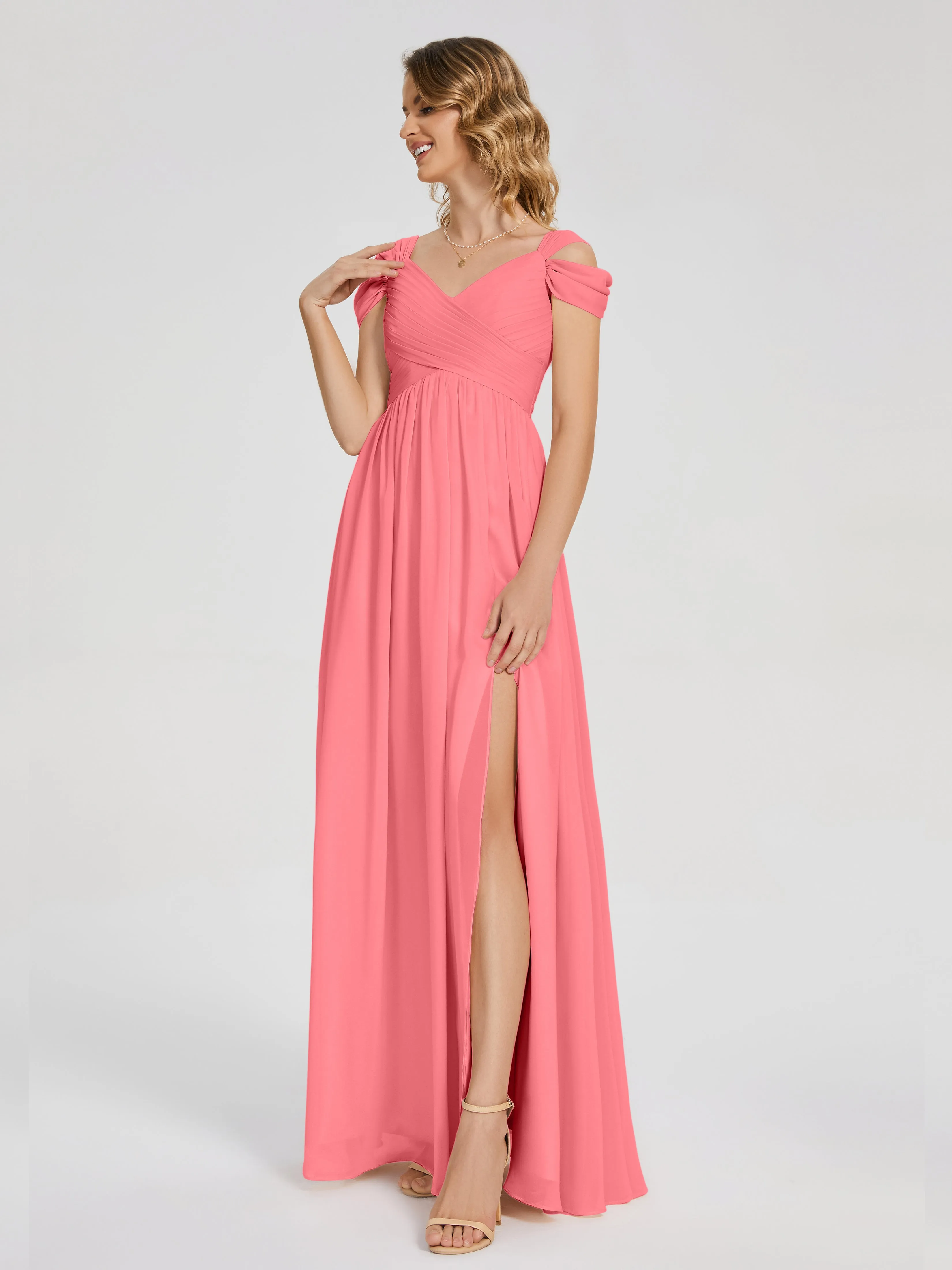 Watermelon Color Bridesmaid Dress Charlee Flowy Split Chiffon Bridesmaid Dresses