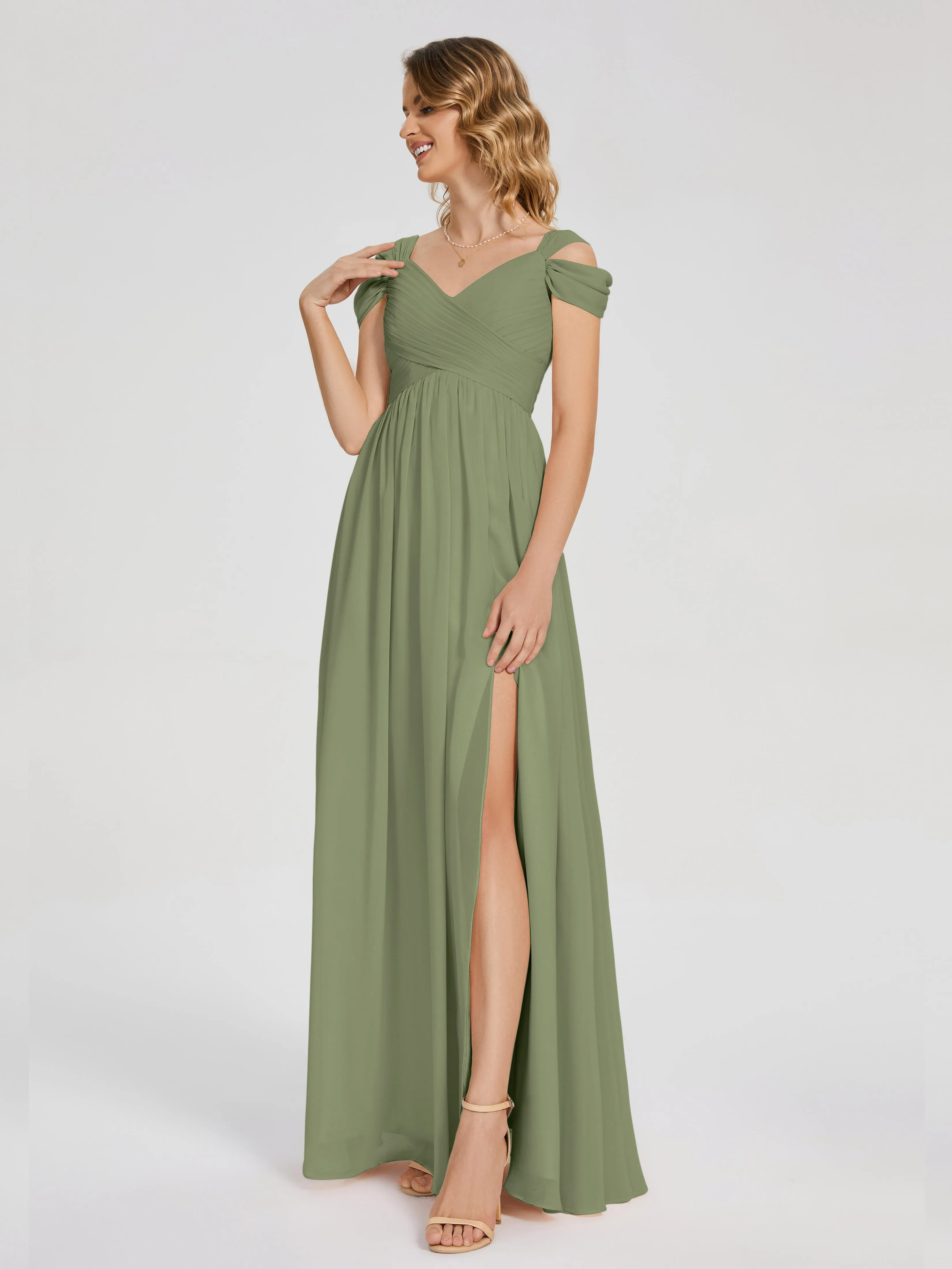 Wedding Olive Green Bridesmaid Dresses Charlee Flowy Split Chiffon Bridesmaid Dresses