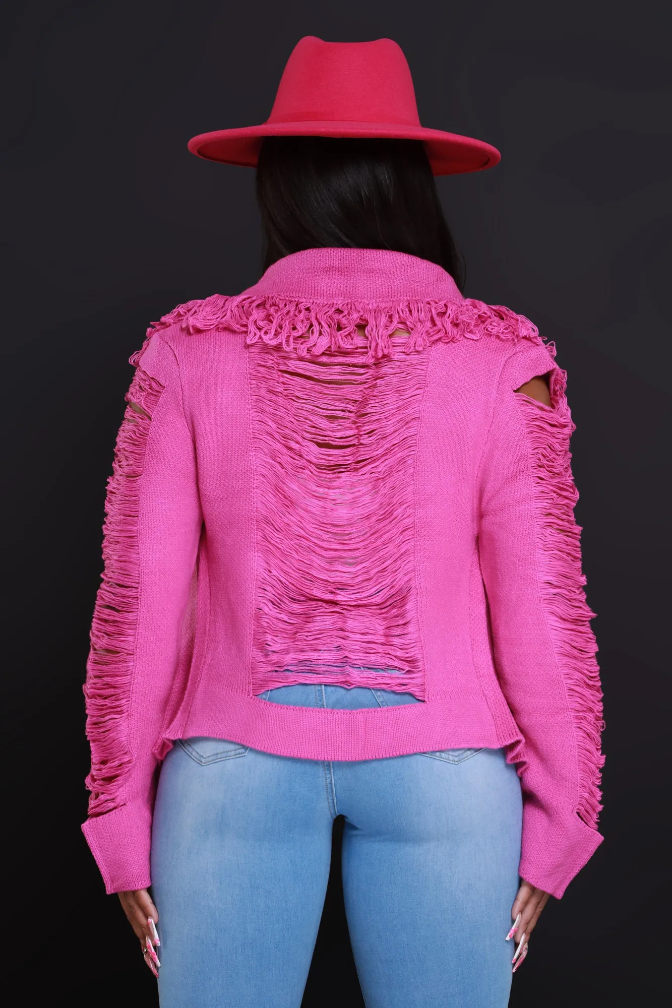 Weekend Warrior Distressed Fringe Cardigan - Magenta