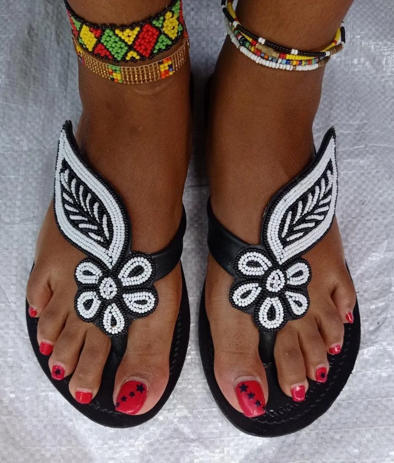 white and black beaded handmade masaai ladies sandals|slippers|flipflops with free shipping world wide