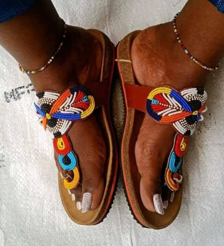 White flowered beads handmade leather masaai maasai Masai slippers with free shipping world wide