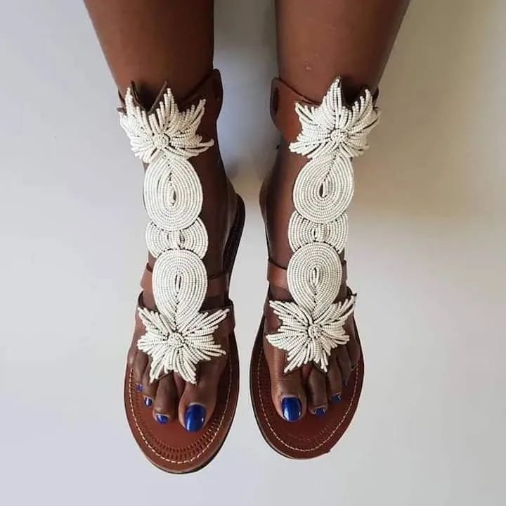 White handmade masaai masai maasai beaded ladies gladiator strappy sandals with free shipping world wide