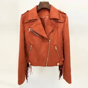 Women Fringed Suede Asymmetric Zip Biker Jacket  X-Zip Fitted Rust Coat