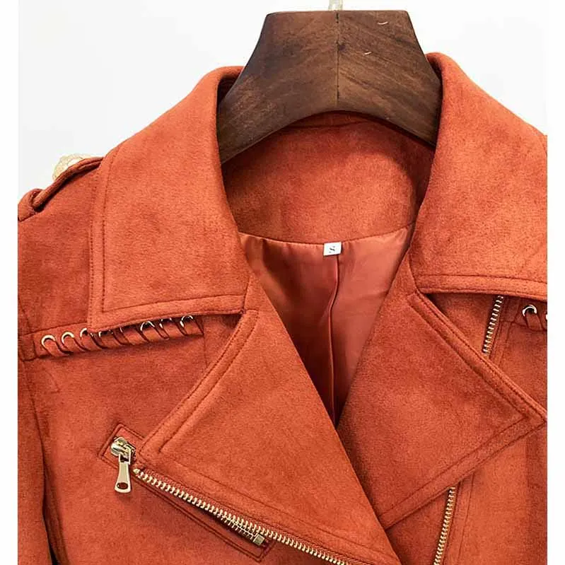 Women Fringed Suede Asymmetric Zip Biker Jacket  X-Zip Fitted Rust Coat