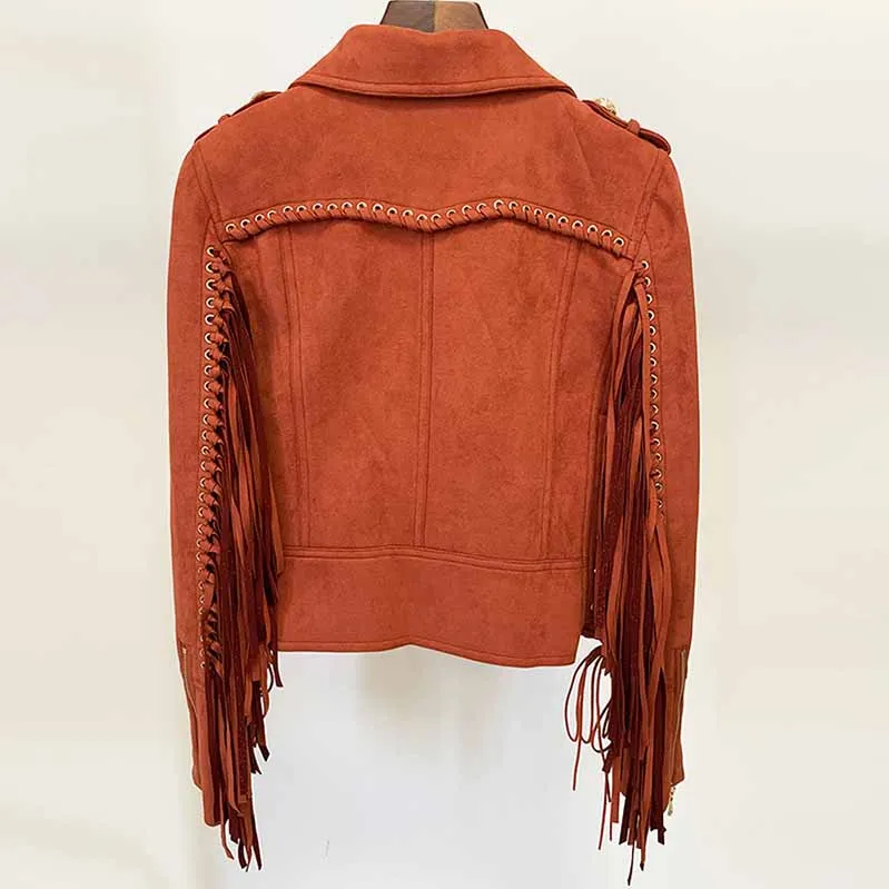 Women Fringed Suede Asymmetric Zip Biker Jacket  X-Zip Fitted Rust Coat