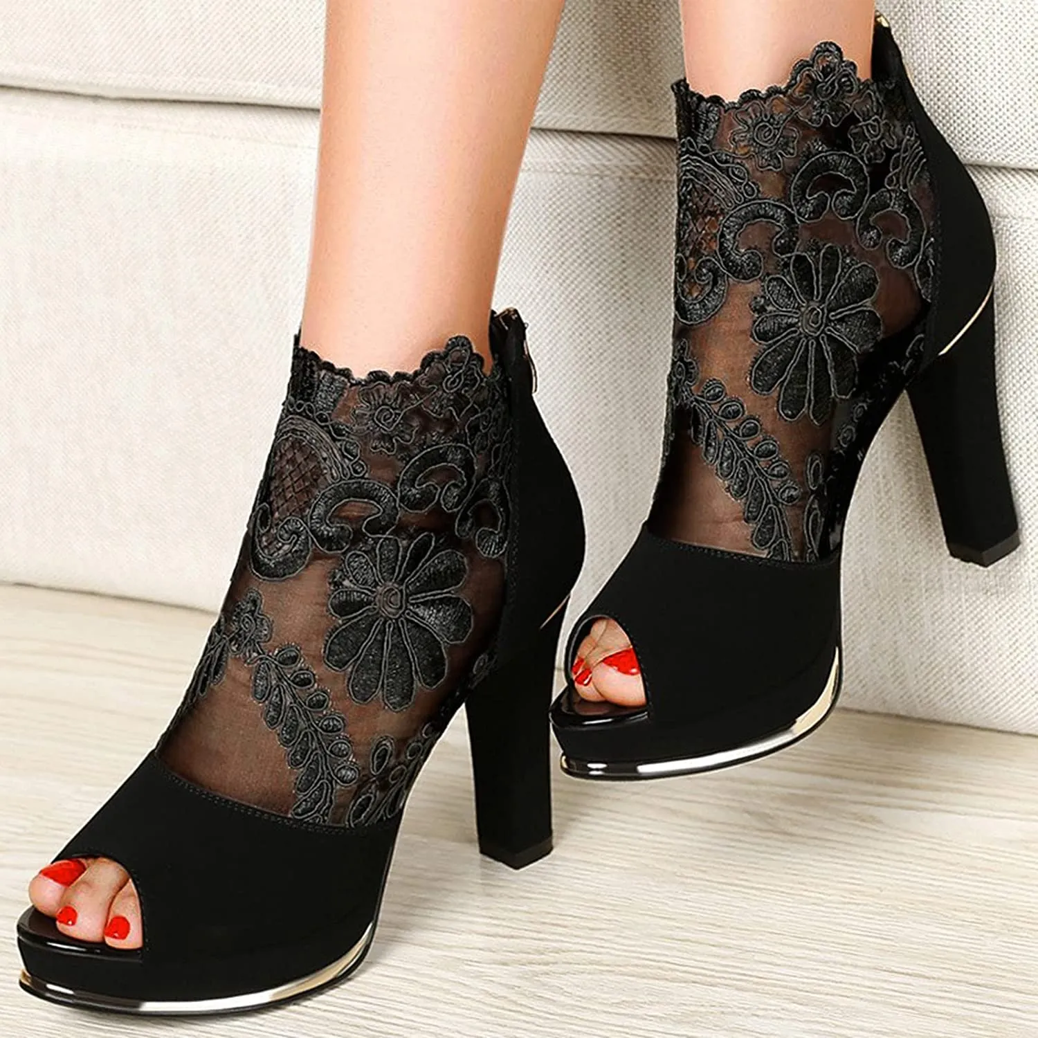 Women Peep Toe Ankle Bootie High Heels