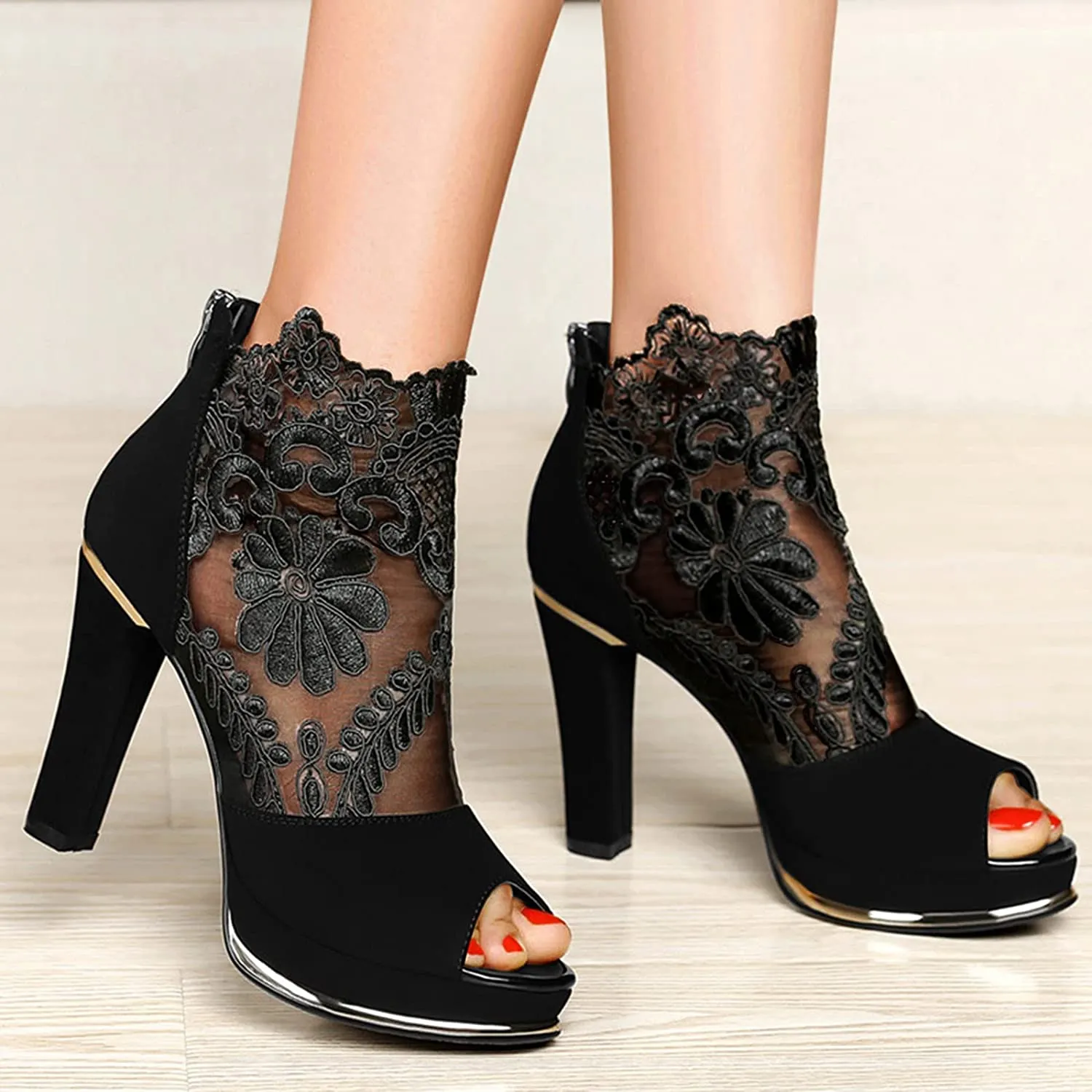 Women Peep Toe Ankle Bootie High Heels