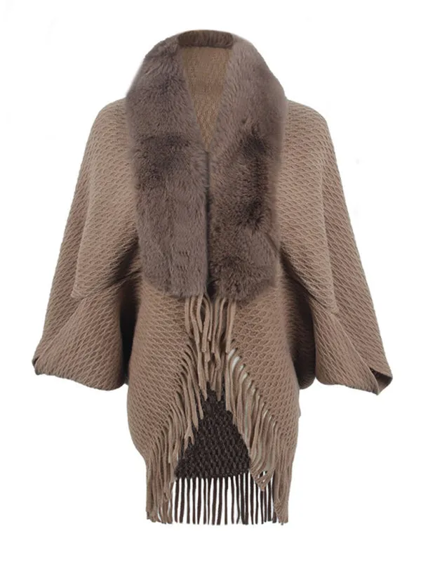 Women's fur collar knitted tassel cape cardigan