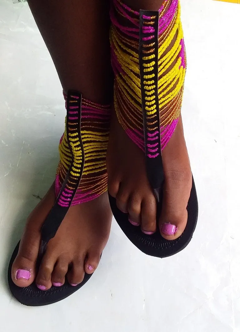 Yellow and pink beaded ankle length gladiator african sandals with free shipping world wide